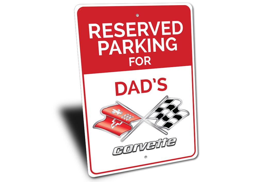 Reserved Parking sign featuring a Chevy Corvette design, made of durable aluminum with pre-drilled holes for easy mounting.