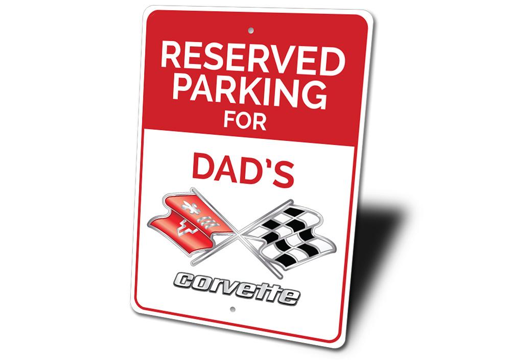 Reserved Parking sign featuring a Chevy Corvette design, made of durable aluminum with pre-drilled holes for easy mounting.