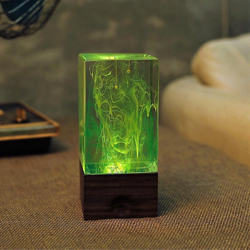 Aurora resin table decor featuring a unique handcrafted design with warm white LED light, perfect for home decoration.