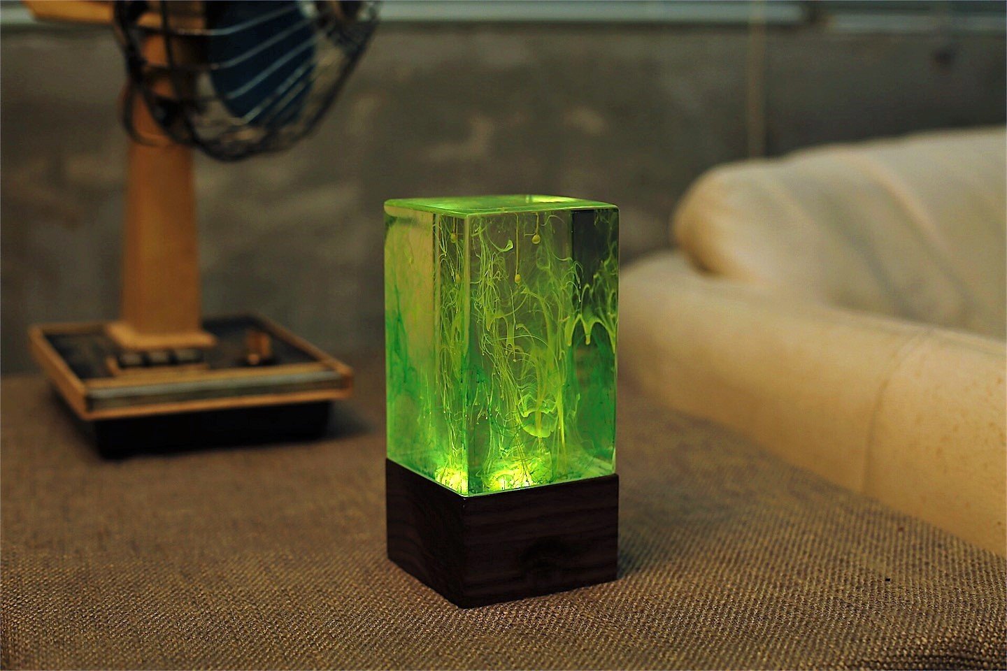 Aurora resin table decor featuring a unique handcrafted design with warm white LED light, perfect for home decoration.