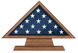 Retirement Flag Memorial Case on Pedestal made of solid walnut with an acrylic front, displaying a 3ft x 5ft flag.