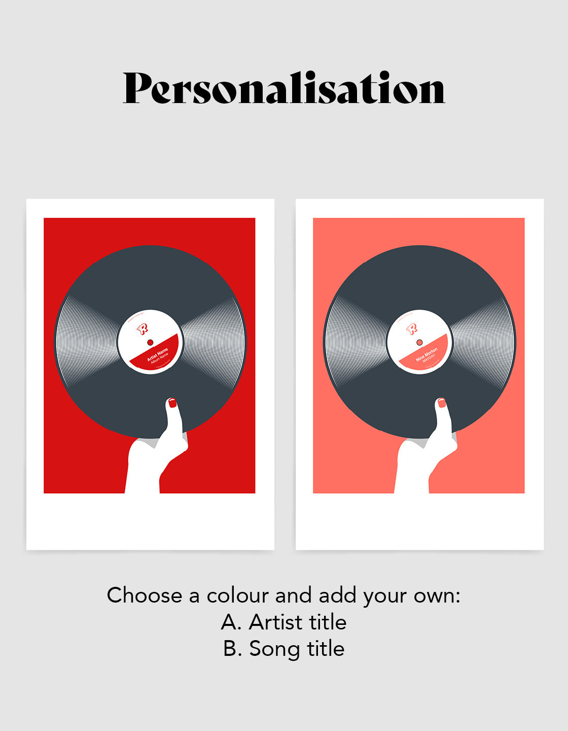 A stylish Retro black vinyl record poster featuring customizable text for artist and album names, perfect for music lovers.