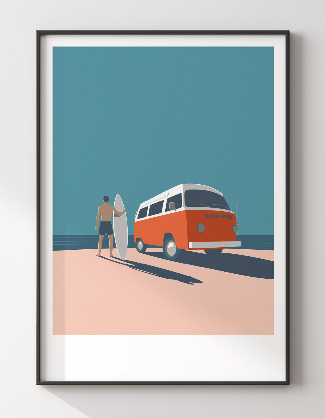 A colorful retro camper van with surfboards on top, showcasing beach-inspired decor.