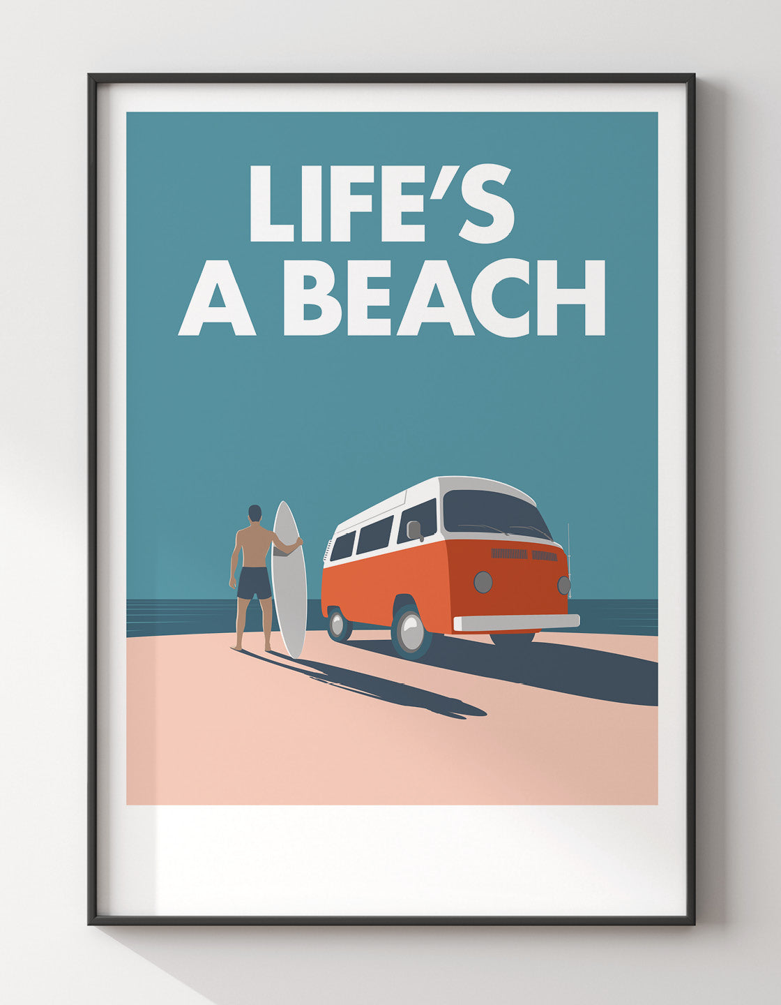 A colorful retro camper van with surfboards on top, showcasing beach-inspired decor.