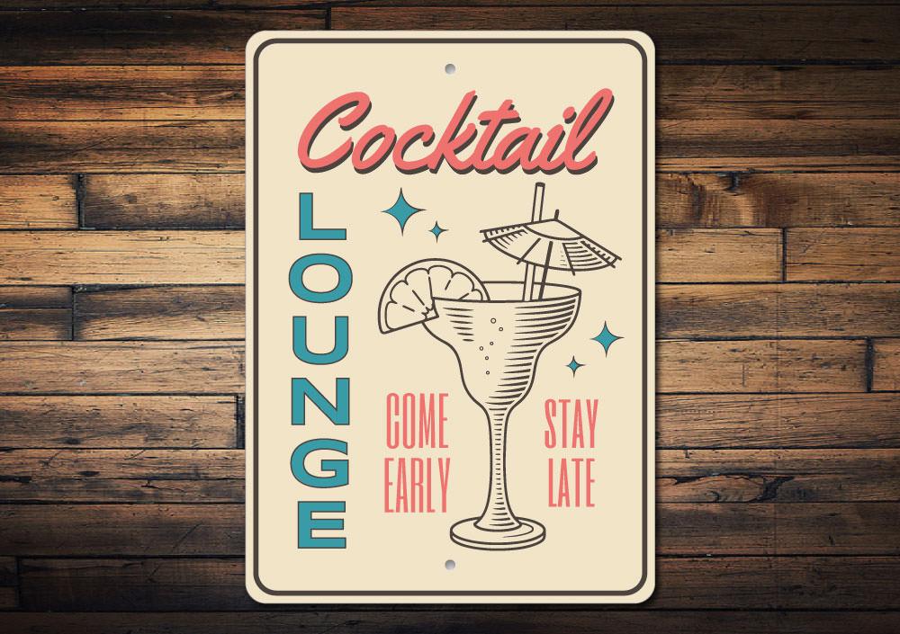 A stylish Retro Cocktail Bar Sign made of high-quality aluminum, featuring vibrant colors and customizable text, perfect for home decor.