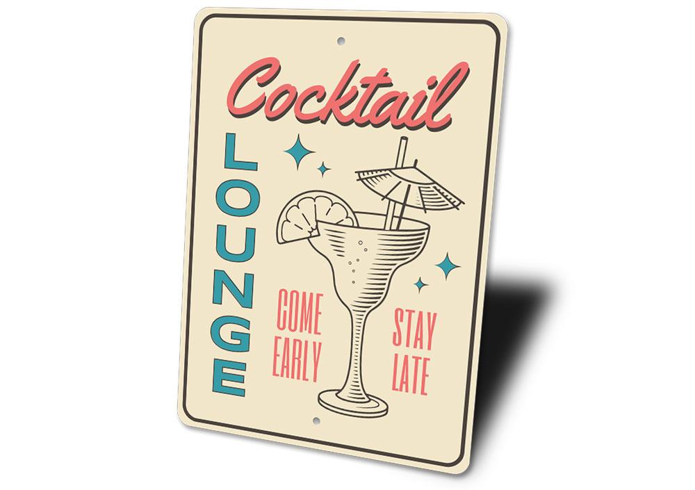 A stylish Retro Cocktail Bar Sign made of high-quality aluminum, featuring vibrant colors and customizable text, perfect for home decor.