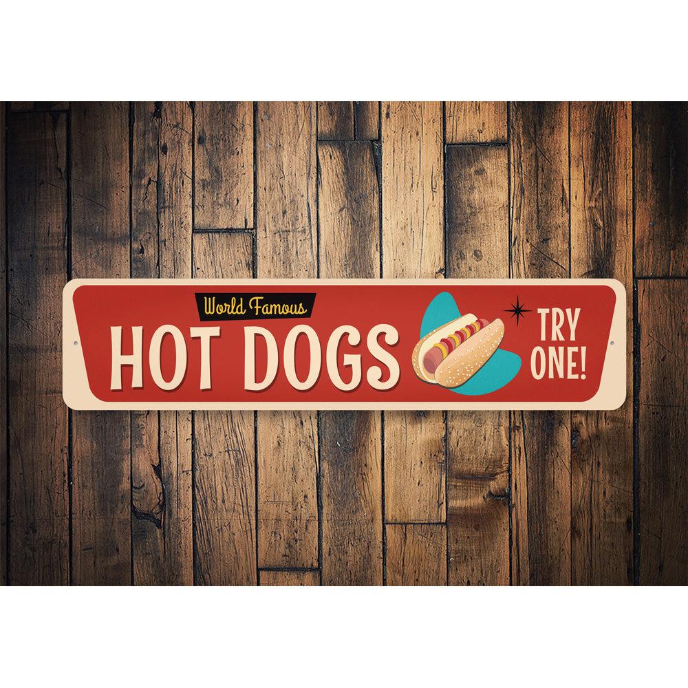 A vibrant Retro Hot Dog Sign featuring a classic design, perfect for kitchen or game room decor.