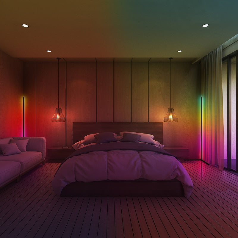 RGB LED Corner Floor Lamp in a modern living room setting, showcasing vibrant colors and minimalist design.