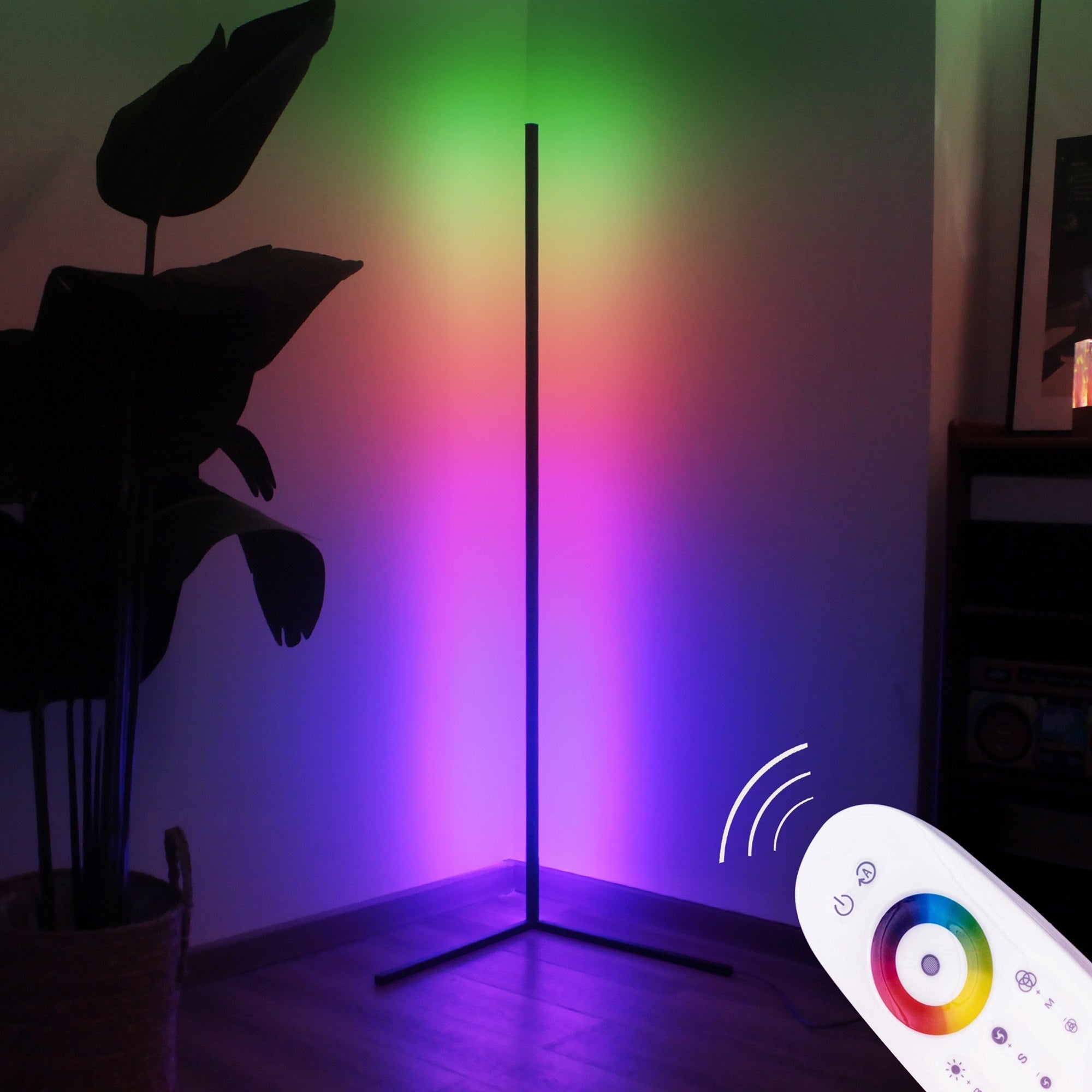 RGB LED Corner Floor Lamp in a modern living room setting, showcasing vibrant colors and minimalist design.