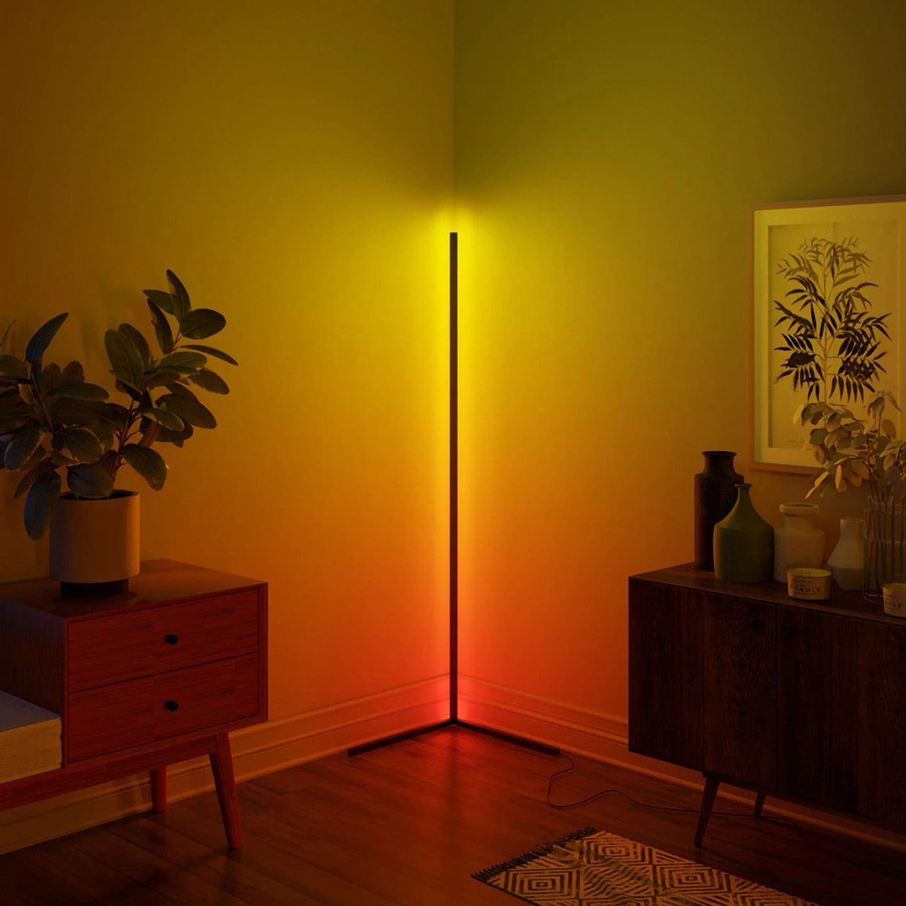 RGB LED Corner Floor Lamp in a modern living room setting, showcasing vibrant colors and minimalist design.