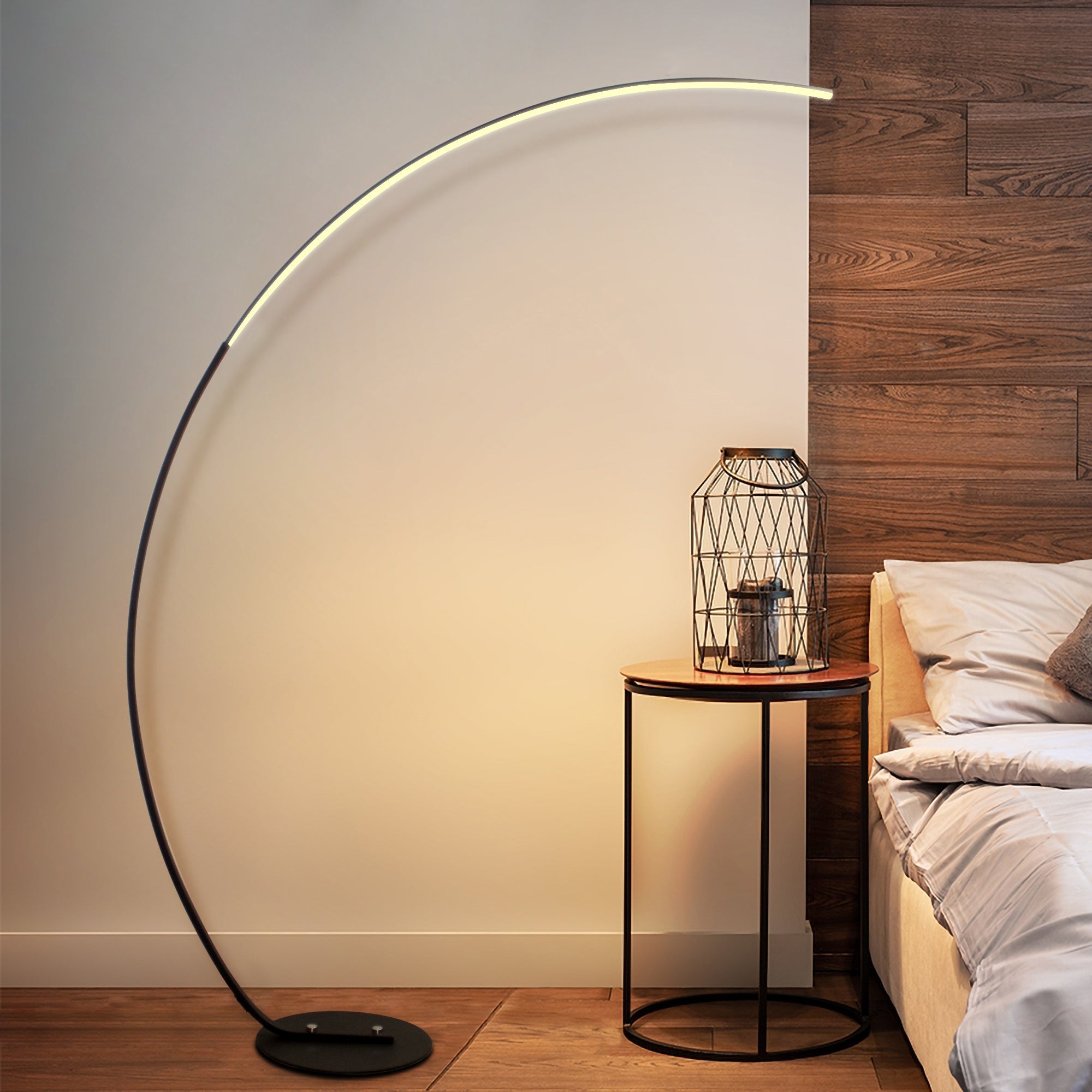 RGB Modern Curve Lamp in black with a sleek design, showcasing vibrant colors and remote control functionality.