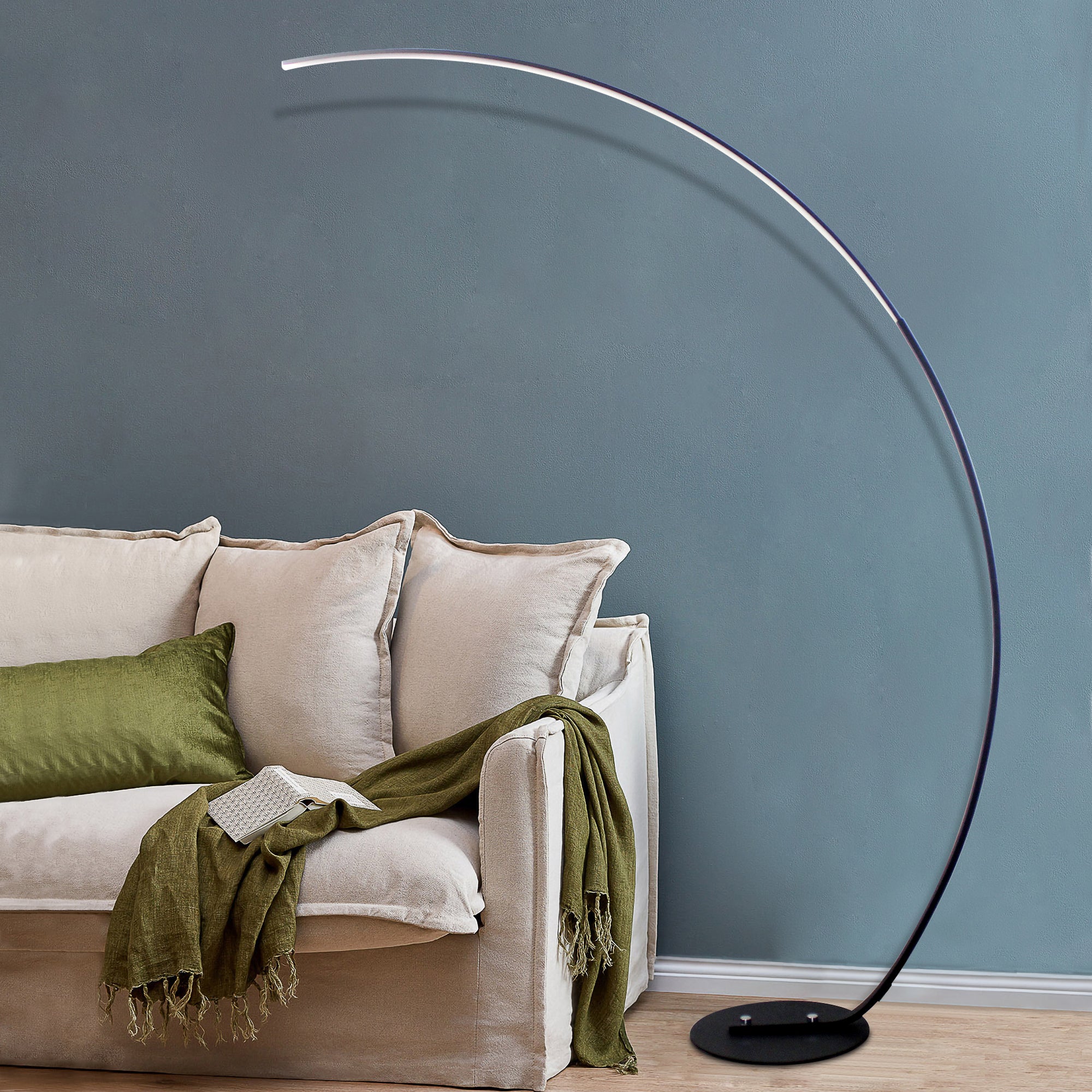 RGB Modern Curve Lamp in black with a sleek design, showcasing vibrant colors and remote control functionality.