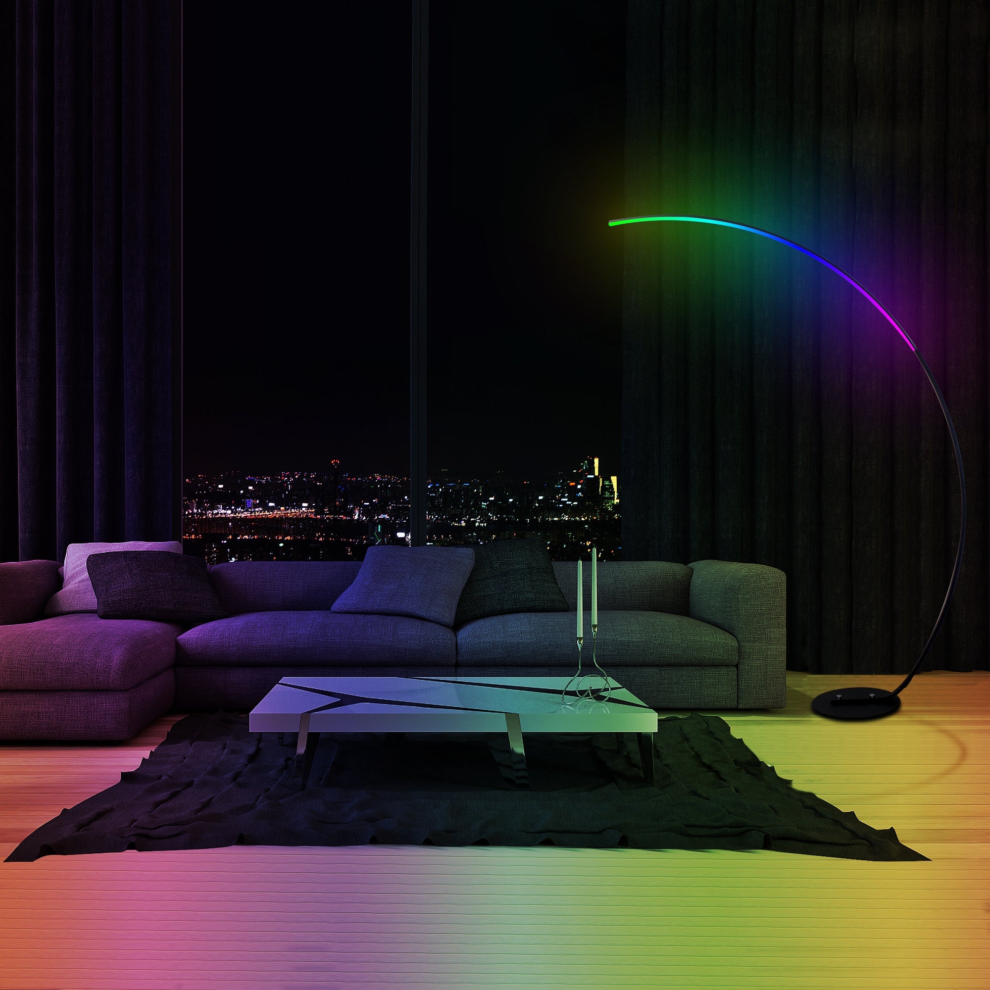 RGB Modern Curve Lamp in black with a sleek design, showcasing vibrant colors and remote control functionality.