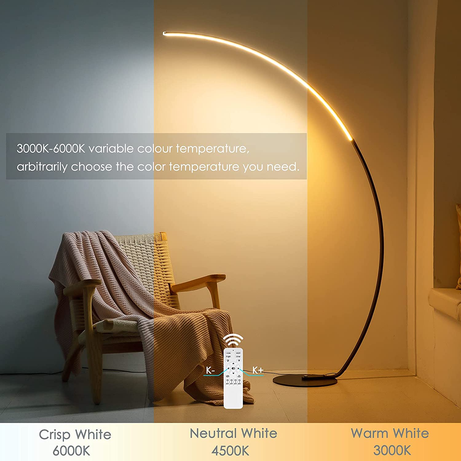 RGBW Modern Curve Floor Lamp in black, showcasing its sleek design and vibrant color options.