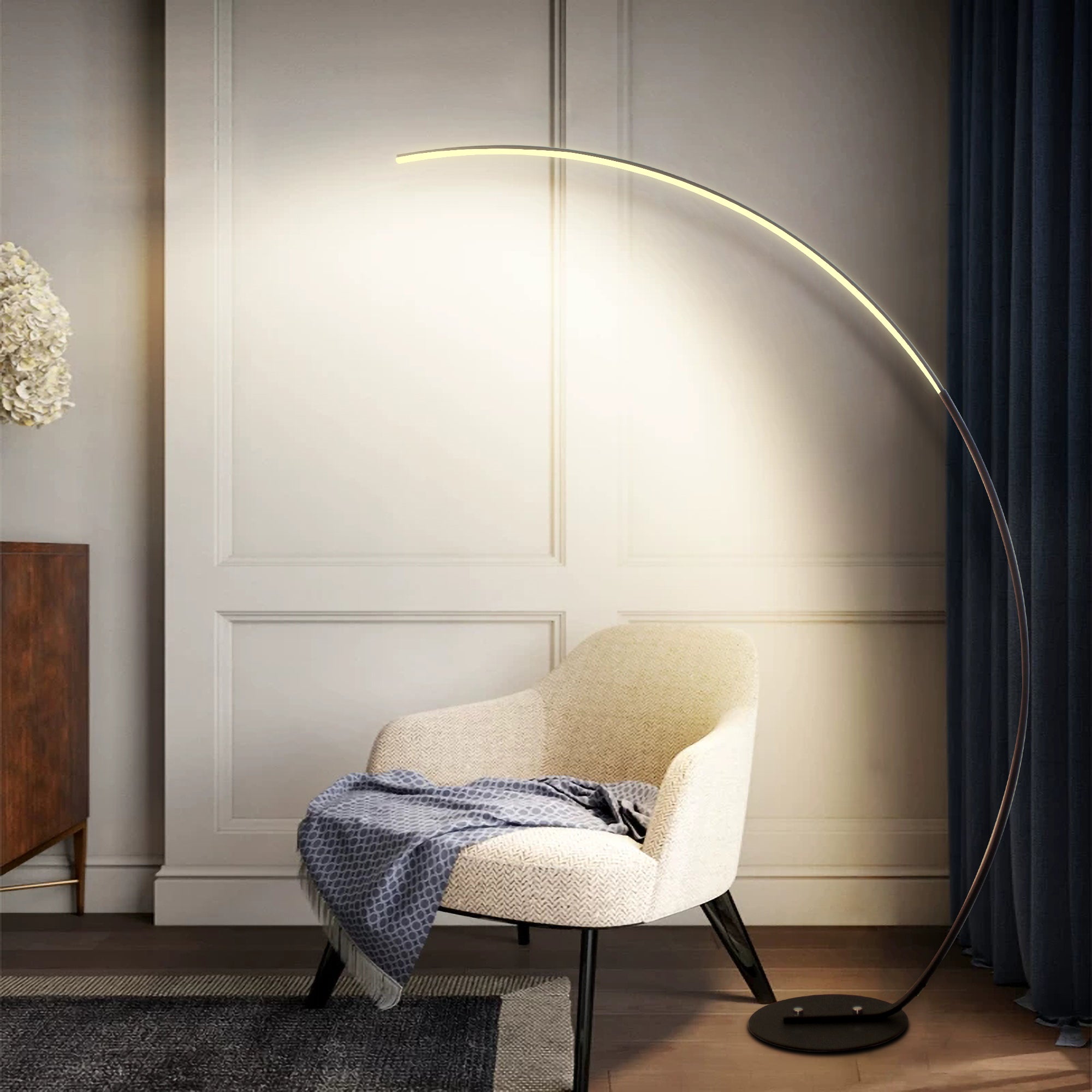 RGBW Modern Curve Floor Lamp in black, showcasing its sleek design and vibrant color options.