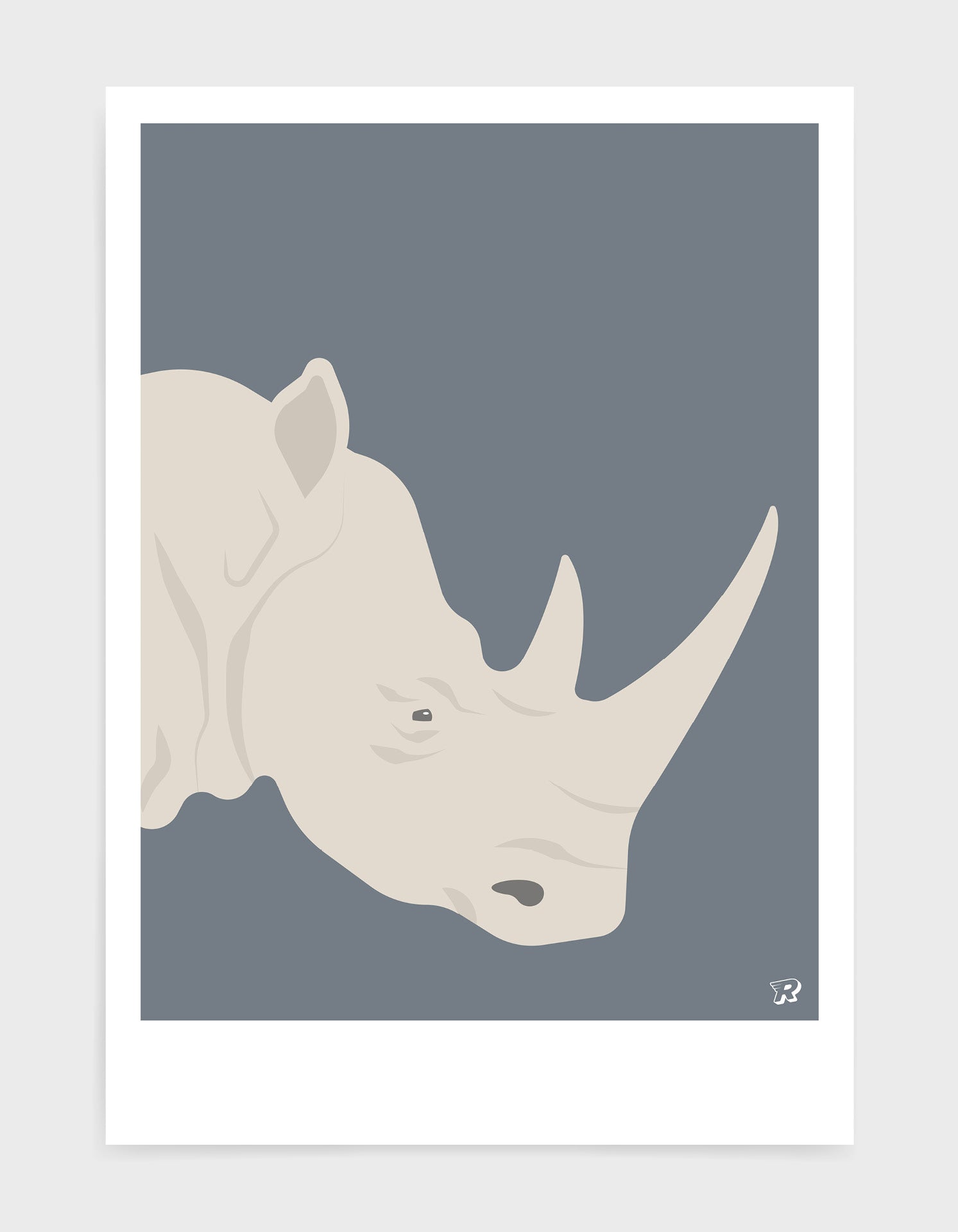 A vibrant and detailed print of a majestic rhino, showcasing its powerful features and unique artistic style.