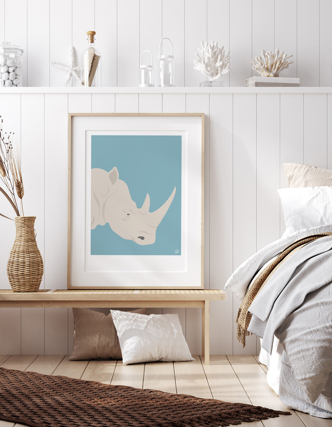 A vibrant and detailed print of a majestic rhino, showcasing its powerful features and unique artistic style.