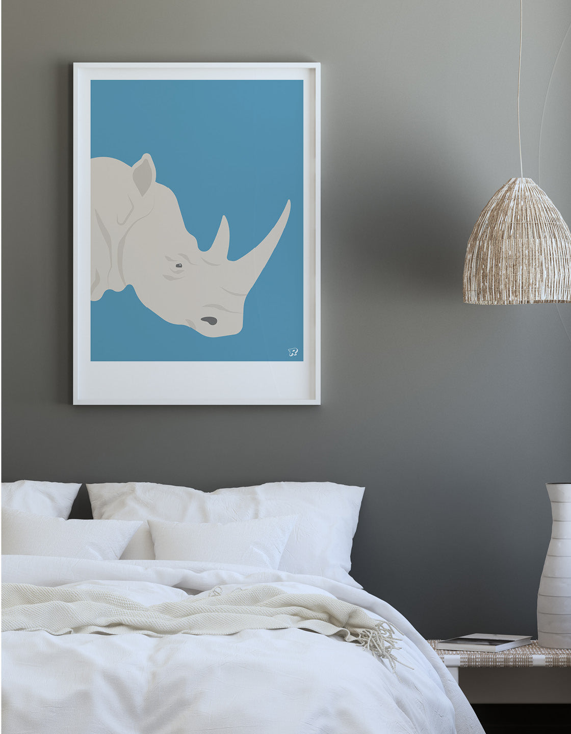 A vibrant and detailed print of a majestic rhino, showcasing its powerful features and unique artistic style.