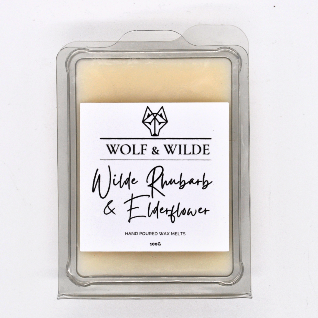 A pack of Rhubarb & Elderflower Soy Wax Melts, showcasing the vibrant colors and natural ingredients used in the product.