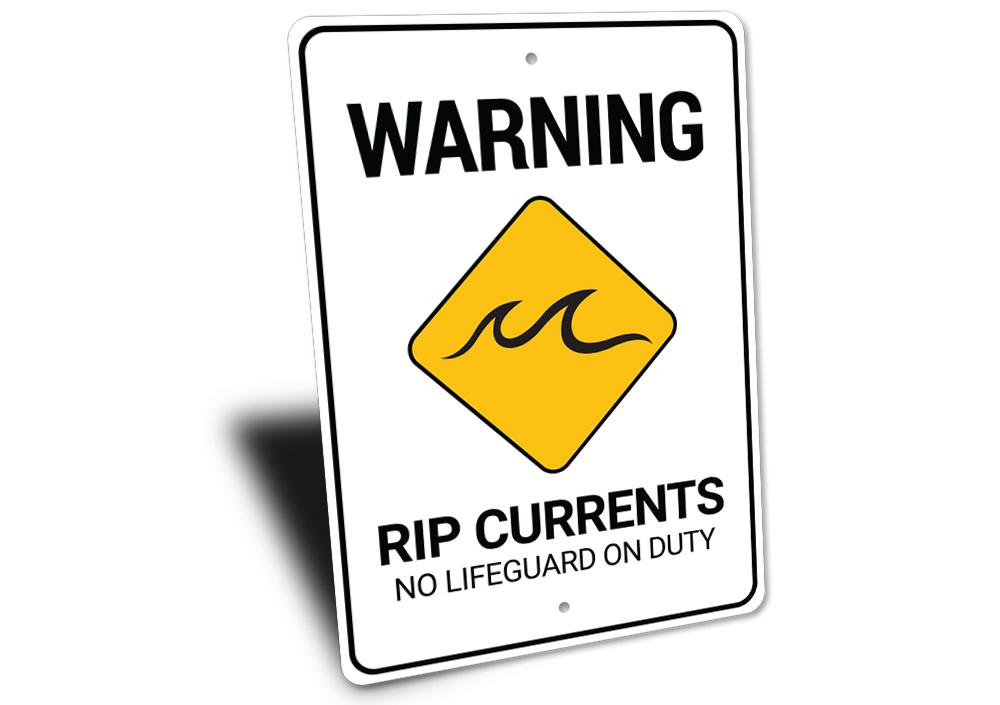 Rip Currents Warning Sign made of durable aluminum, featuring a beach-themed design, ideal for coastal decor.