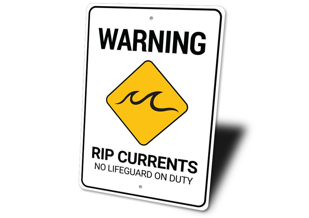 Rip Currents Warning Sign made of durable aluminum, featuring a beach-themed design, ideal for coastal decor.