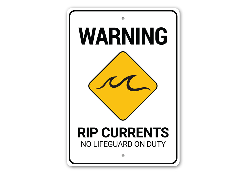 Rip Currents Warning Sign made of durable aluminum, featuring a beach-themed design, ideal for coastal decor.