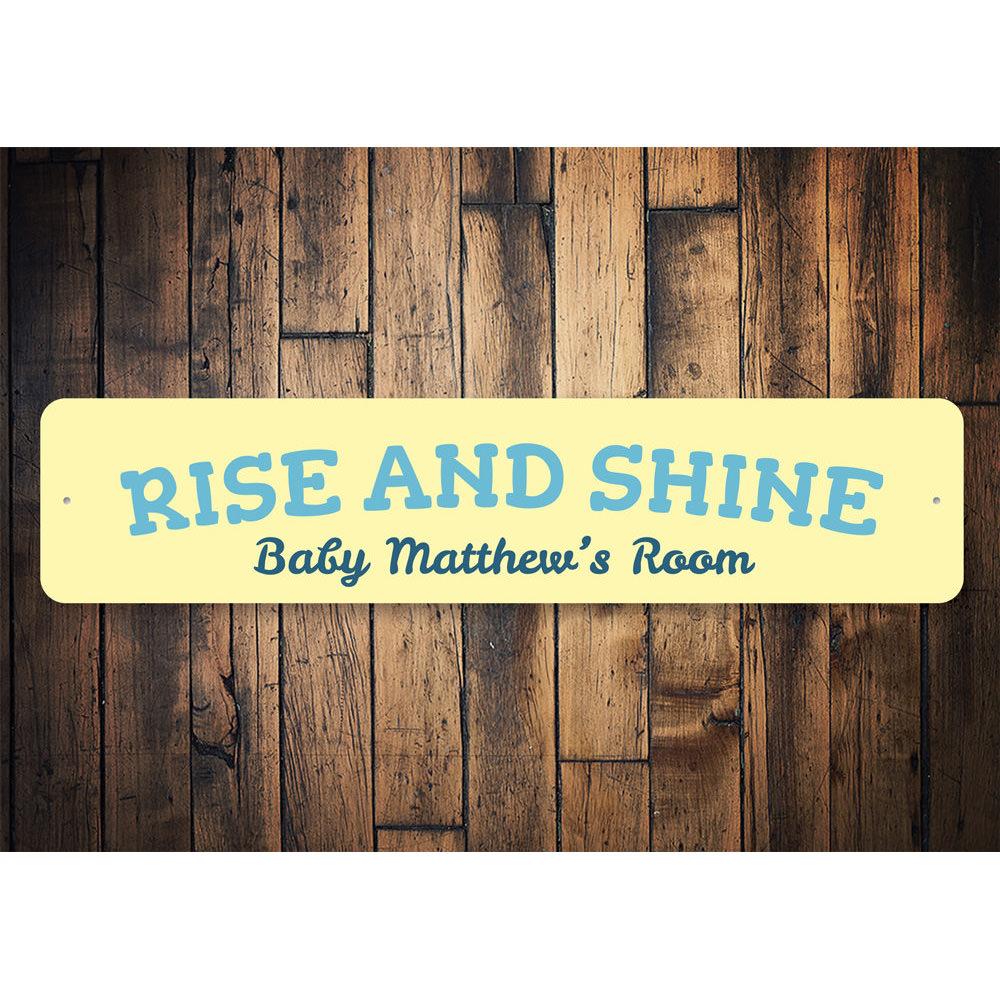 A colorful Rise and Shine Sign made of high-quality aluminum, featuring customizable text and playful designs, perfect for kids' rooms.