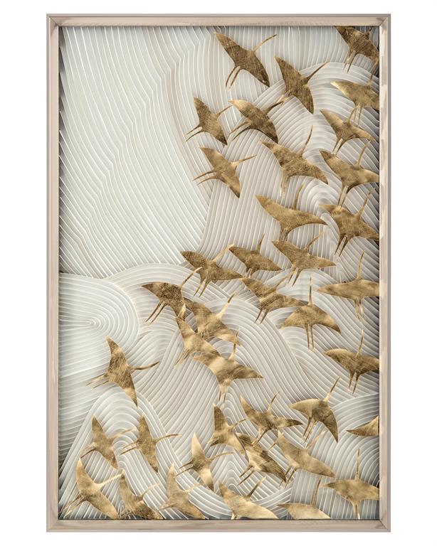 Robat's Birds in Flight artwork featuring golden birds on a textured white backdrop, framed in a sleek metallic frame.