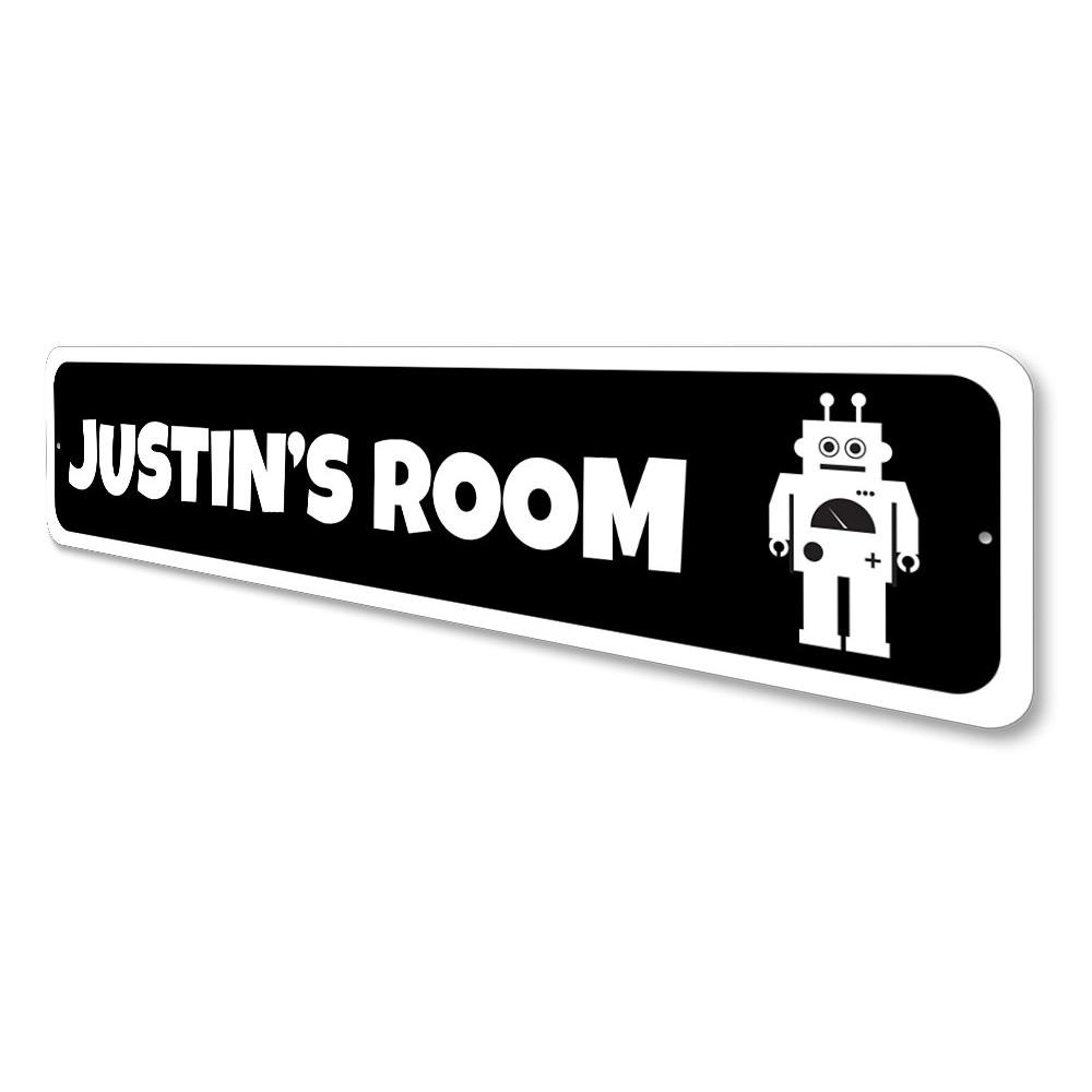 A colorful and playful Robot Sign designed for children's rooms, featuring customizable text options and made from high-quality aluminum.