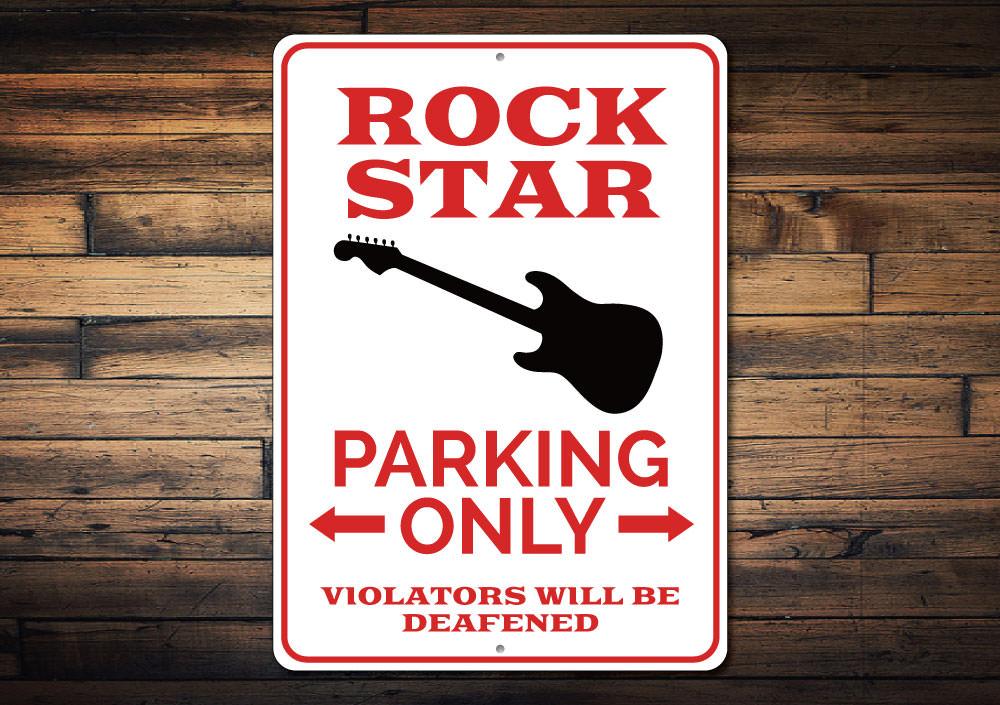 Rock Star Parking Only Sign made of durable aluminum, featuring a vibrant design perfect for marking reserved parking spots.