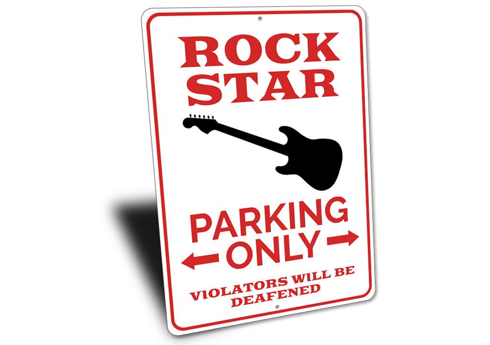 Rock Star Parking Only Sign made of durable aluminum, featuring a vibrant design perfect for marking reserved parking spots.