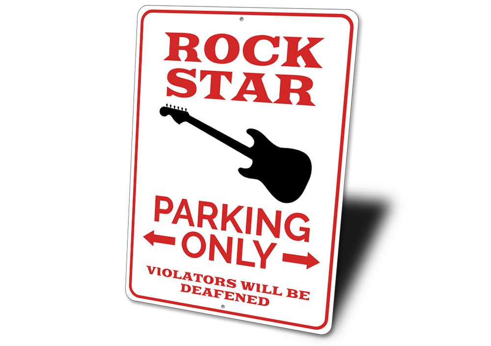 Rock Star Parking Only Sign made of durable aluminum, featuring a vibrant design perfect for marking reserved parking spots.