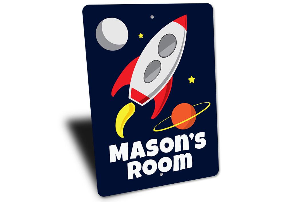 A colorful Rocket Sign made of high-quality aluminum, featuring customizable text, perfect for kids' rooms and unique gifts.