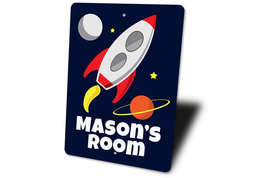 A colorful Rocket Sign made of high-quality aluminum, featuring customizable text, perfect for kids' rooms and unique gifts.