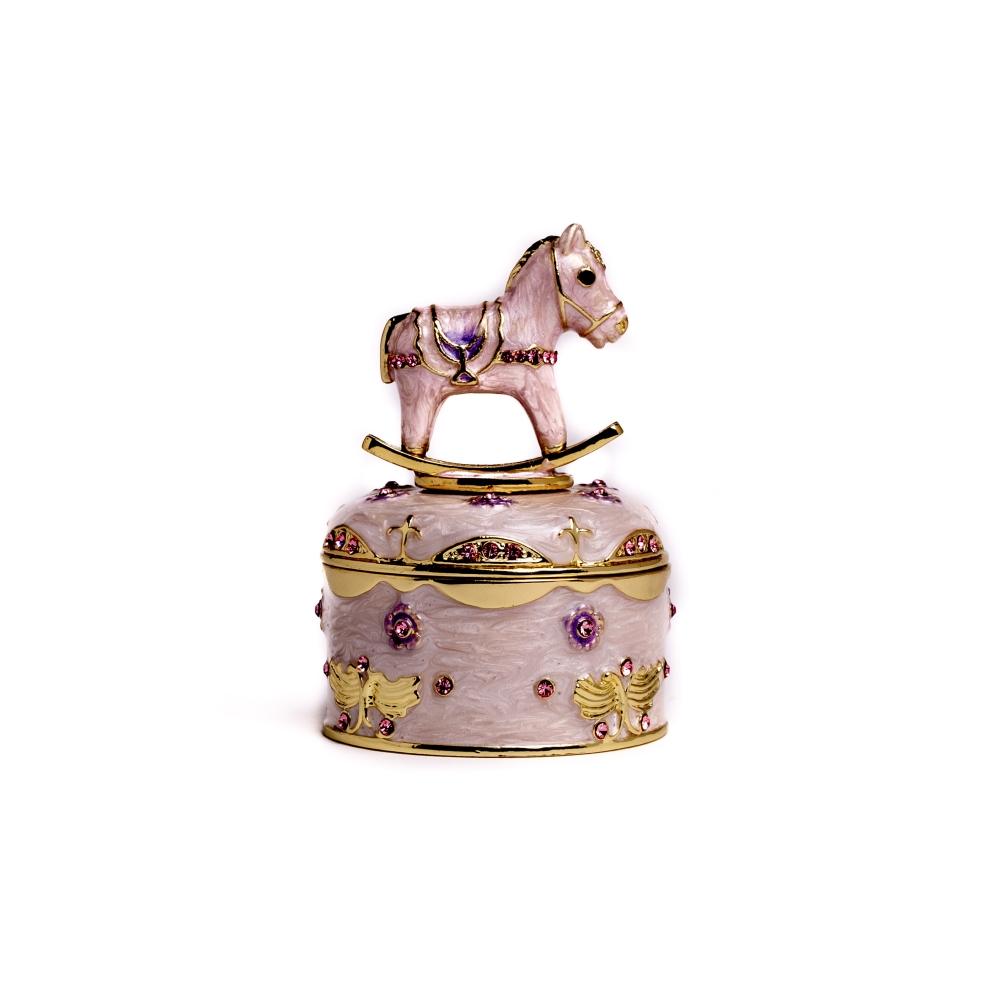 A beautifully crafted Rocking Horse Music Box, featuring enamel painting and adorned with sparkling Austrian crystals, plated in 24K gold.