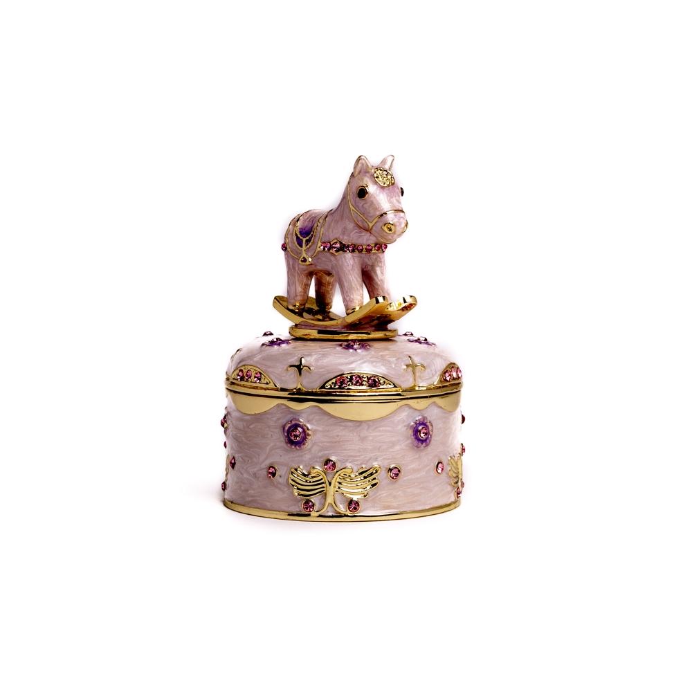 A beautifully crafted Rocking Horse Music Box, featuring enamel painting and adorned with sparkling Austrian crystals, plated in 24K gold.