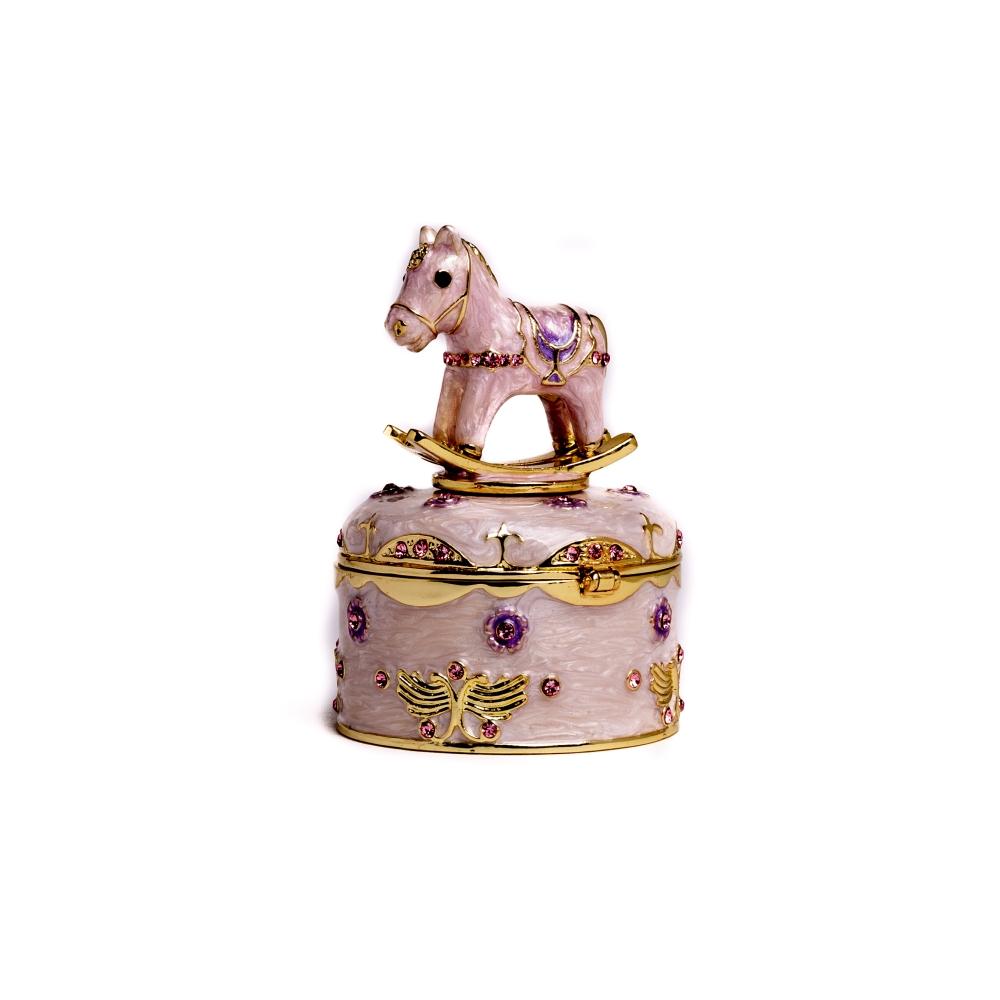 A beautifully crafted Rocking Horse Music Box, featuring enamel painting and adorned with sparkling Austrian crystals, plated in 24K gold.