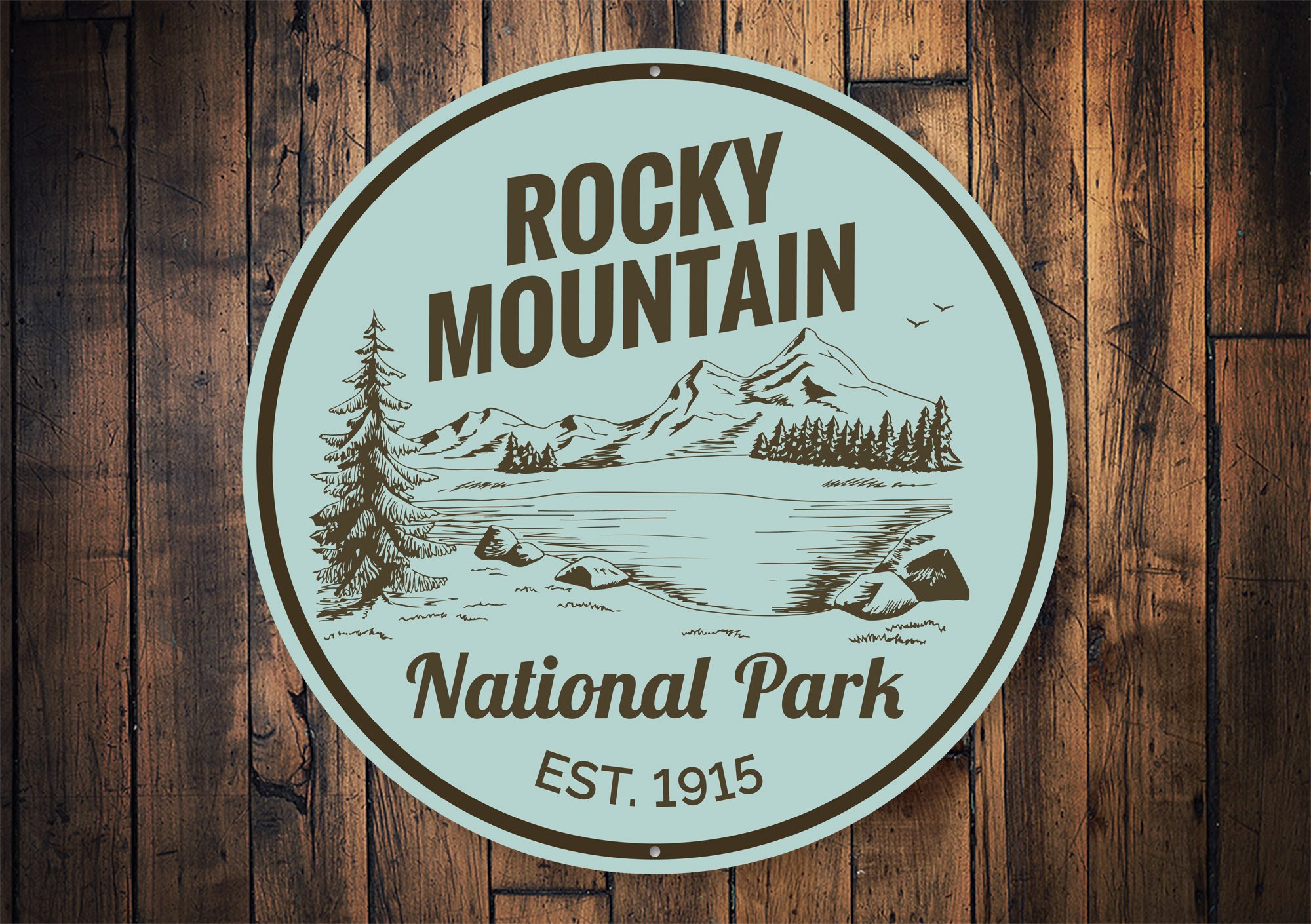 Rocky Mountain Park Sign made of high-quality aluminum, featuring a beautiful design suitable for indoor and outdoor decor.