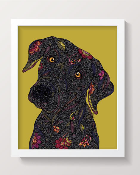 Rocco the Black Lab Art Print on photographic paper, showcasing a playful black lab in vibrant colors.