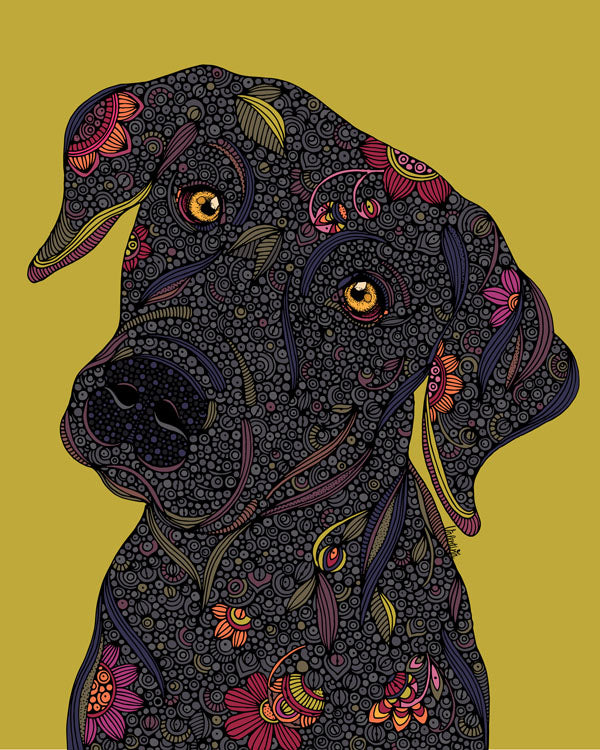 Rocco the Black Lab Art Print on photographic paper, showcasing a playful black lab in vibrant colors.