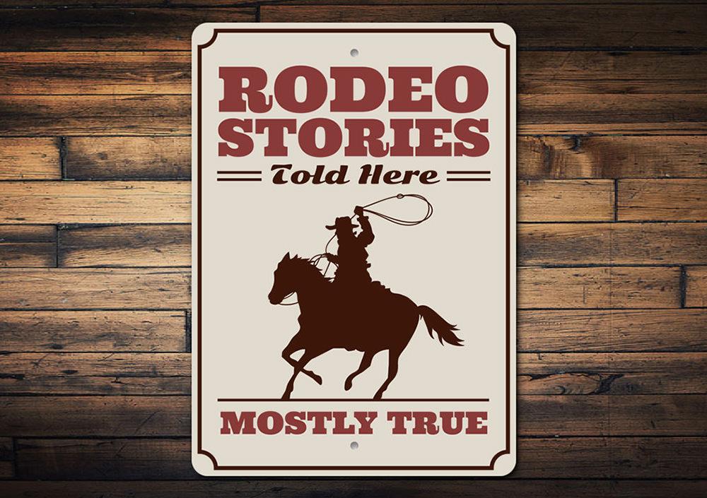 Rodeo Stories Sign made of high-quality aluminum, featuring rustic design elements suitable for barns and farmhouses.