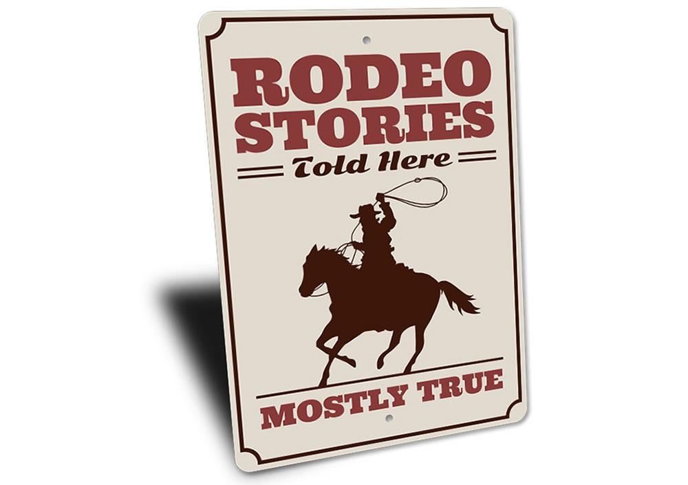 Rodeo Stories Sign made of high-quality aluminum, featuring rustic design elements suitable for barns and farmhouses.