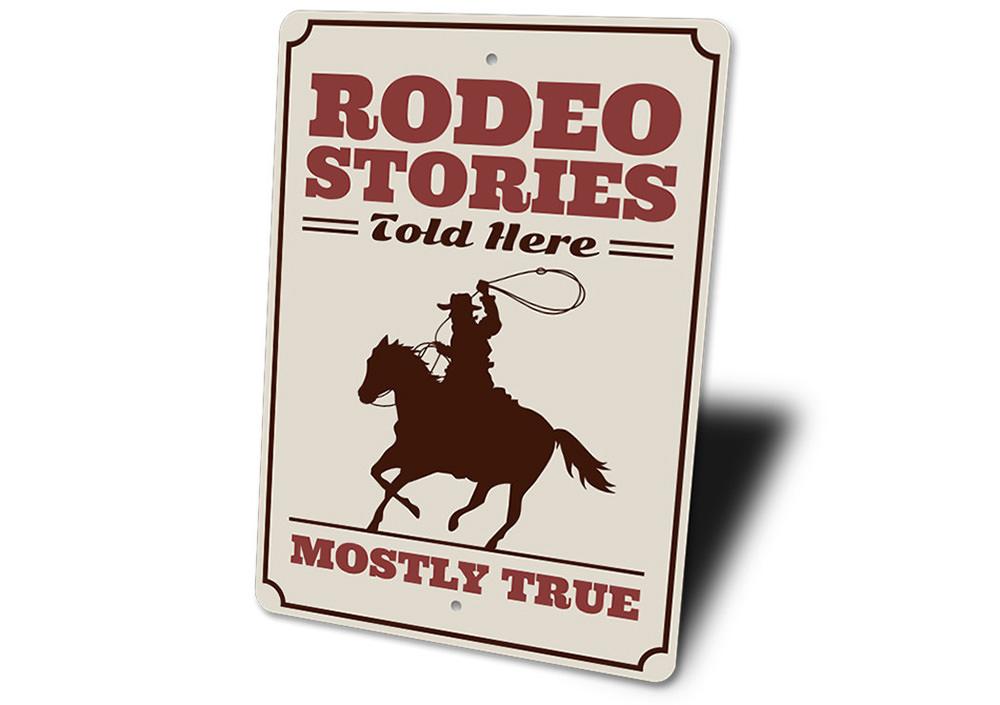 Rodeo Stories Sign made of high-quality aluminum, featuring rustic design elements suitable for barns and farmhouses.