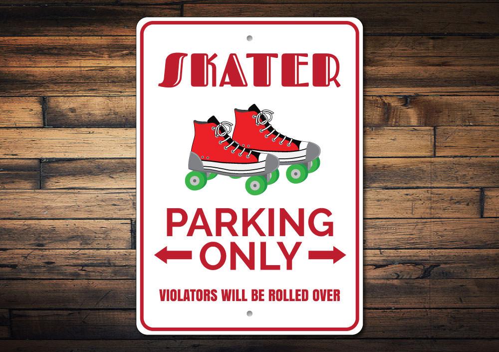 A vibrant Roller Skate Parking Sign made of durable aluminum, featuring a creative design for reserved parking spots.