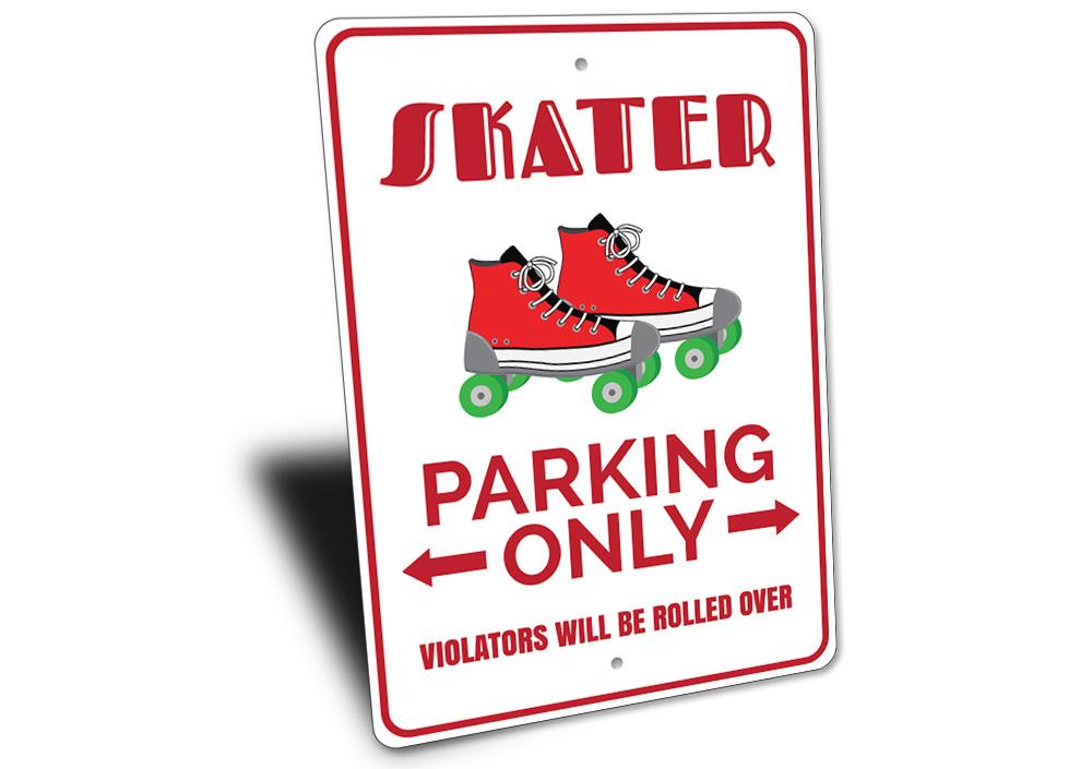 A vibrant Roller Skate Parking Sign made of durable aluminum, featuring a creative design for reserved parking spots.