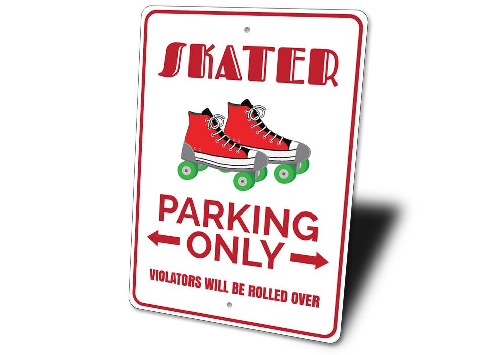 A vibrant Roller Skate Parking Sign made of durable aluminum, featuring a creative design for reserved parking spots.