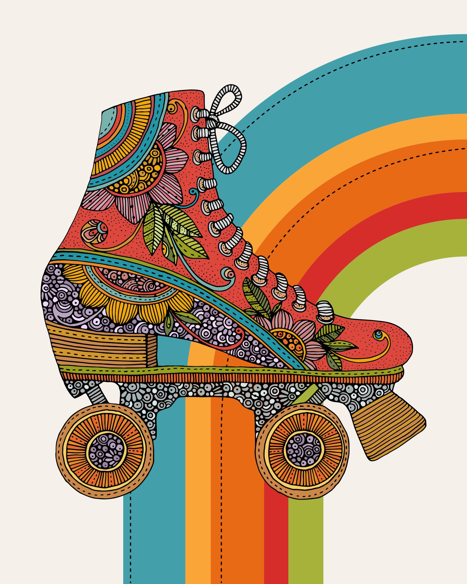 Colorful rainbow roller skates with vibrant design, perfect for skating enthusiasts.