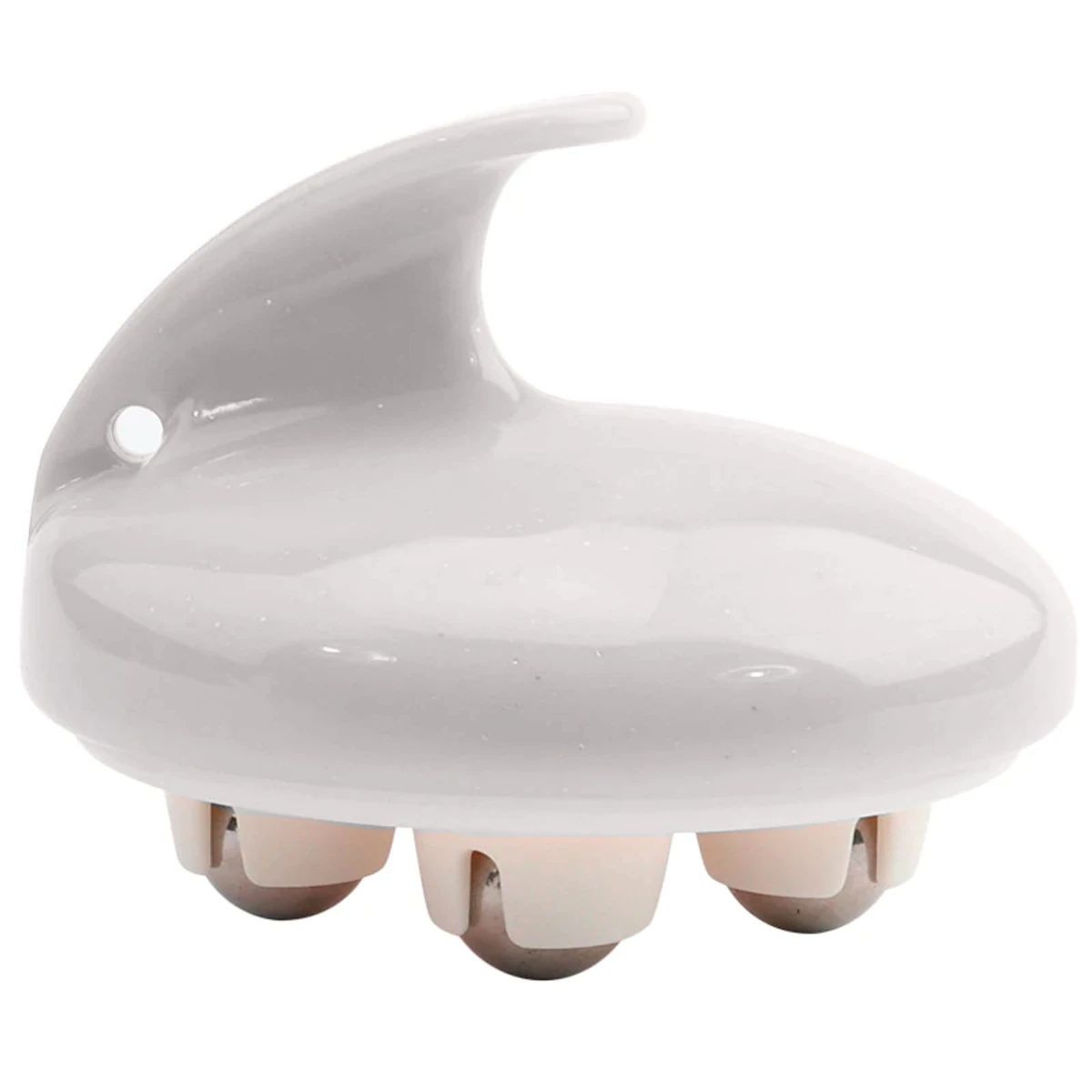 Rolling Body Massager in pearl pink and white, featuring ergonomic design and stainless steel rollers for effective muscle relief.