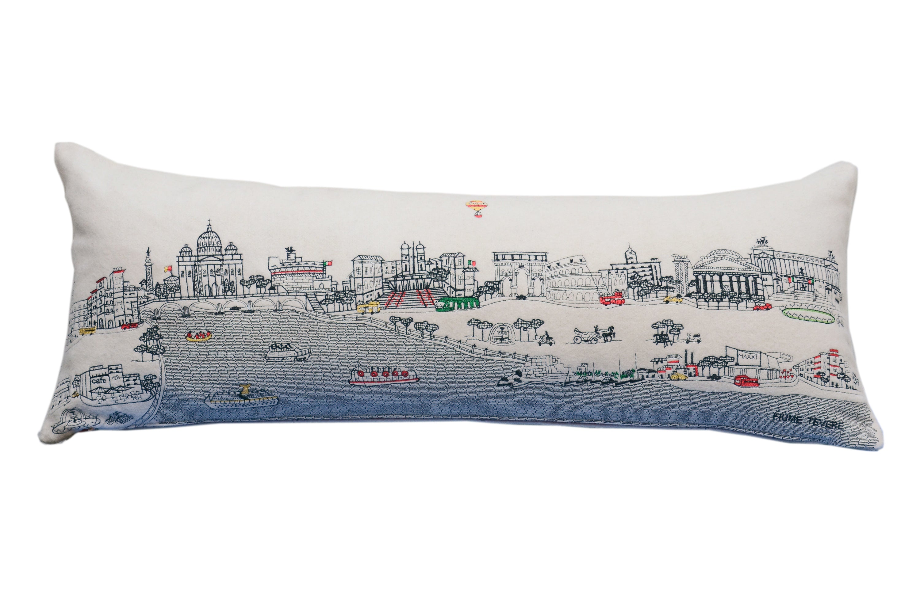 Rome Pillow featuring architectural designs inspired by Rome, Italy, with hints of gold and a red zipper.