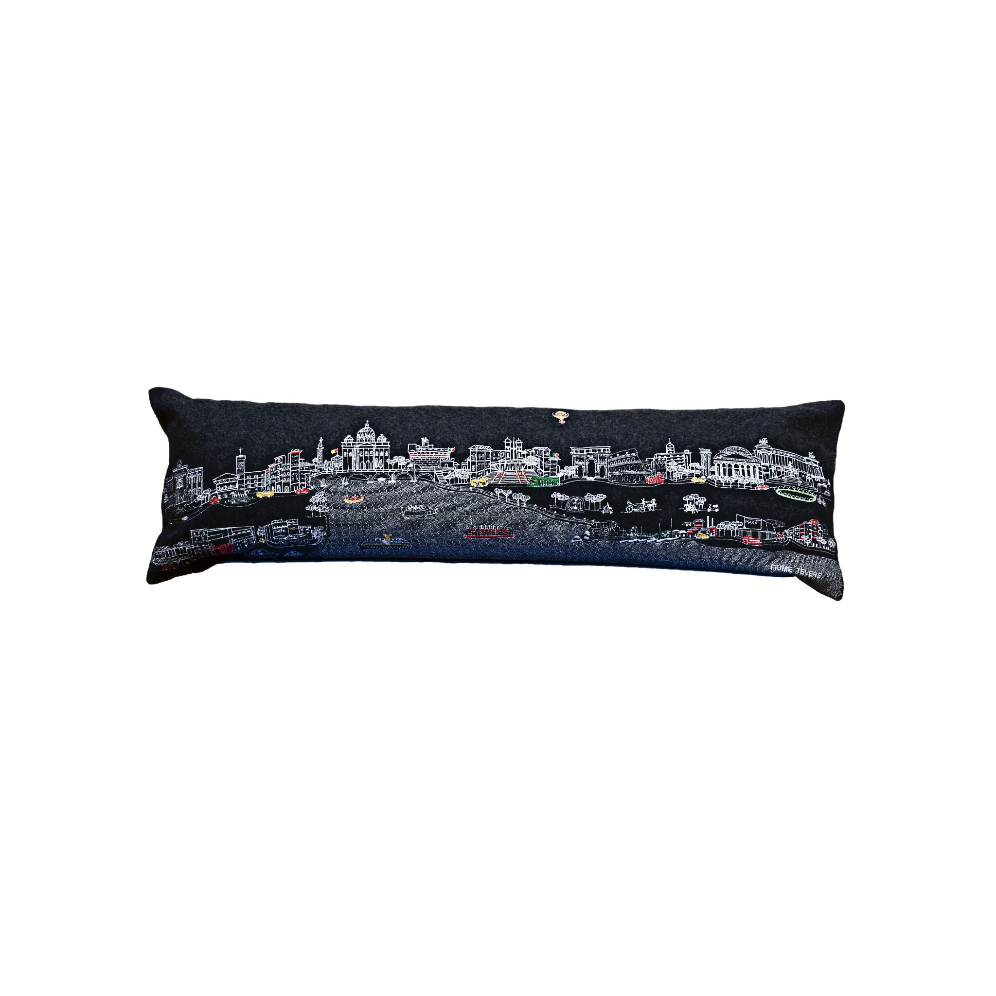 Rome Pillow featuring architectural designs inspired by Rome, Italy, with hints of gold and a red zipper.